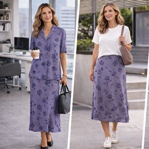 Vintage Jones New York 100% Silk Purple Floral 2 Piece Skirt Set 14W